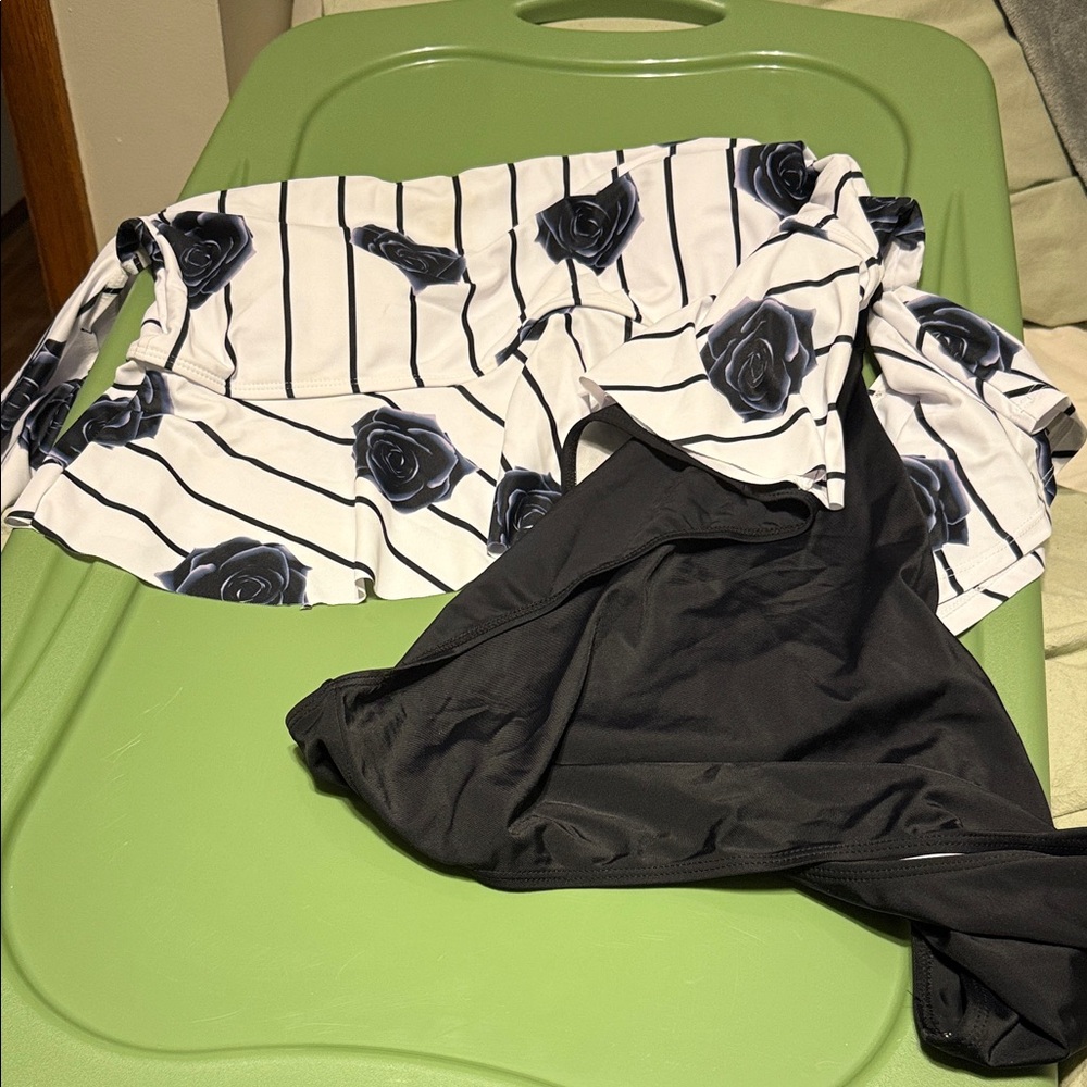 Black and White Striped Floral Swimsuit